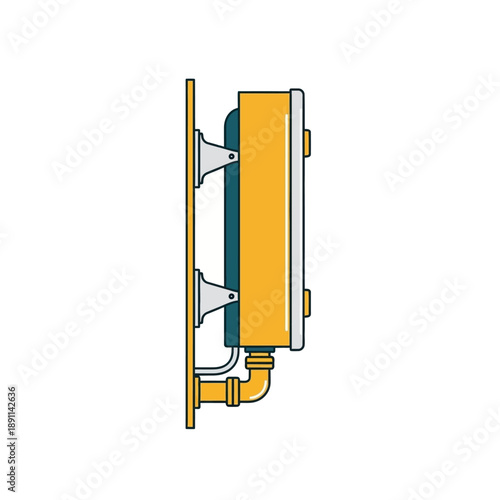 Vibrant flat vector illustration of a wall-mounted home water heater or boiler, detailing plumbing connections and compact design for residential use