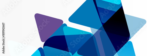 Abstract geometric shapes overlap, creating dynamic blue, purple gradients. Clean design suggests technology, innovation, modern aesthetics.