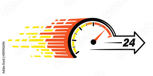 Speedometer graphic with orange and yellow motion lines and 24 hour arrow