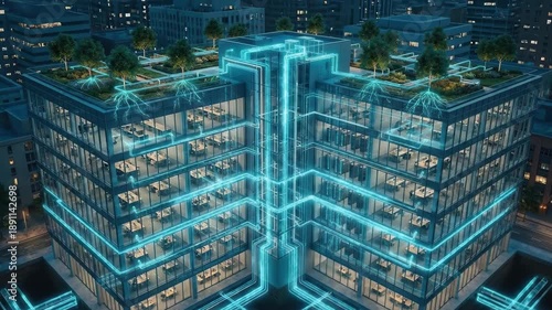 Smart modern office building with green rooftop garden, glowing technology network connections illustrating sustainable urban architecture and business innovation.