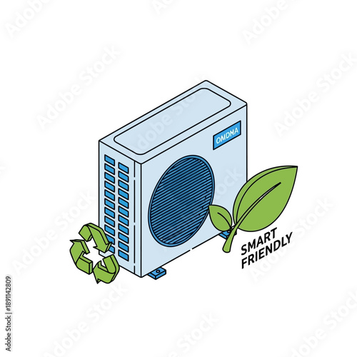 Isometric Vector illustration of an eco-friendly smart air conditioning unit, symbolizing energy efficiency and sustainable cooling technology for modern homes and businesses