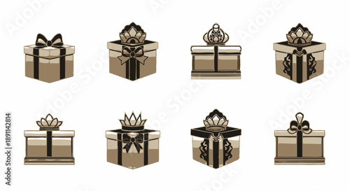 Set of elegant gift boxes with ribbons and decorative elements on white background