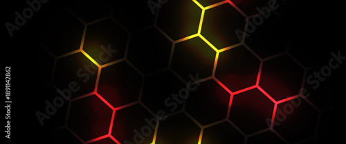 Hexagonal gaming honeycomb abstract background. Hexagon technology futuristic dark vector abstract background with blue and pink colored bright flashesunder hexagon.