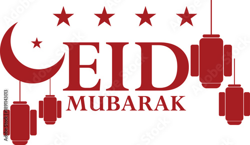 Bold red EID MUBARAK text with a crescent moon, stars, and hanging lanterns on white