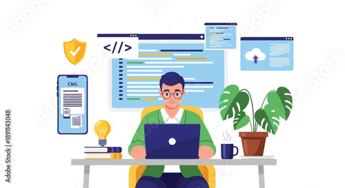 Person works at a laptop in an office, surrounded by coding icons, a CMS on a phone, a plant, books, and a coffee cup, conveying productivity.