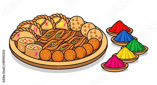 Colorful indian sweets and snacks with holi powders on side festive dessert platter