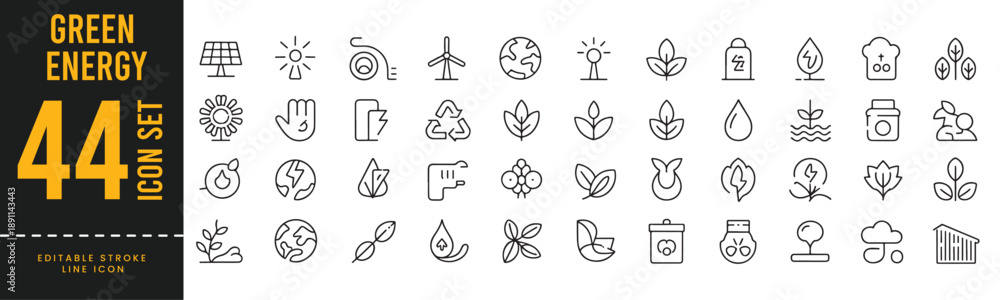 Obraz premium Green Energy and Renewable Sustainability Icons - 44 Minimalist Line Symbols for Eco-Friendly Power, Recycling, and Environmental Conservation.