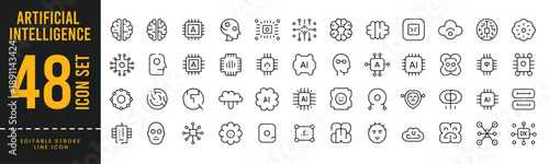 Artificial Intelligence and Machine Learning Icons - AI Technology, Microchip, Neural Networks, and Digital Transformation.