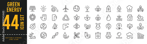 Green Energy and Renewable Sustainability Icons - 44 Minimalist Line Symbols for Eco-Friendly Power, Recycling, and Environmental Conservation.