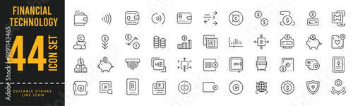 Fintech and Digital Banking Line Icon Set - Online Payment, Cryptocurrency, Wallet, and Financial Security Symbols.
