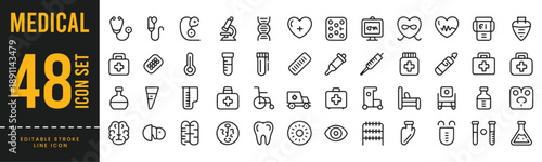 Medical and Healthcare Line Icon Set - Doctor, Hospital, First Aid, and Diagnostic Symbols.