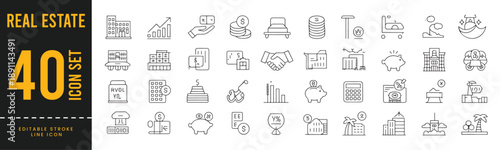 Real Estate and Business Investment Icons - Property Market, Construction, Financial Growth, and Corporate Deals.