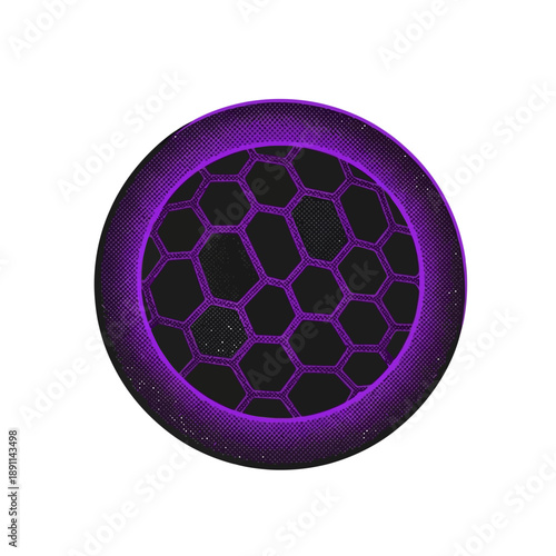 Vibrant Vector abstract graphic of a hexagonal grid, hinting at advanced materials or energy tech, encircled by a glowing purple light, symbolizing innovation