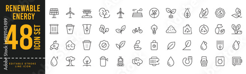 Renewable Energy and Sustainability Line Icon Set - Green Technology, Eco-Friendly, and Clean Power Symbols.