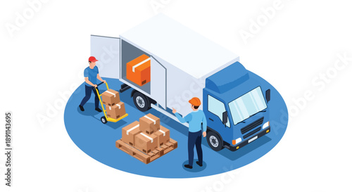 Illustration of two workers unloading cardboard boxes from a delivery truck using a hand truck. The scene conveys an organized, collaborative atmosphere.