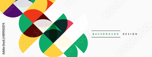 Abstract geometric shapes overlap, creating vibrant colorful composition. White space dominates background, simple text present.