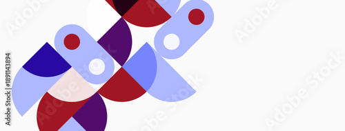 Abstract shapes overlap, creating vibrant composition. Purple, red, white hues dominate design. Modern aesthetic, clean lines present.