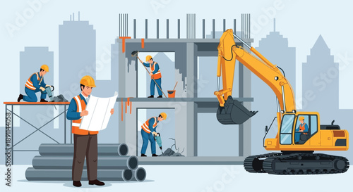 Construction site with workers in hard hats and vests. One reads blueprints, others operate tools and machinery near a partially built concrete structure.