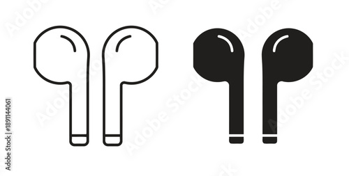 Wireless earbuds pair icon, outline and solid black. Represents audio, music, sound, listening, technology, and modern connectivity for portable devices.