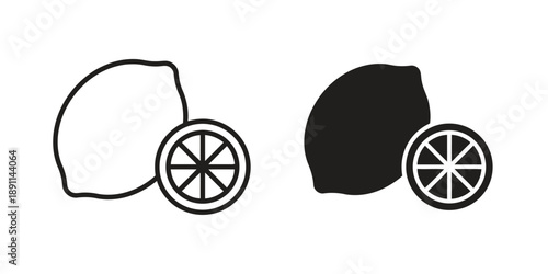 Whole lemon and slice icon in outline and solid black, citrus fruit symbol for food and drink design, vector