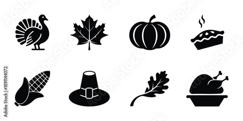 Traditional thanksgiving symbols including a roasted turkey, maple leaf, pumpkin, pie, corn, pilgrim hat, oak leaf, and whole roast chicken