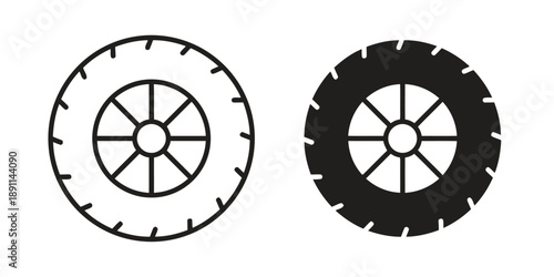Tire icon set in outline and solid black versions representing car parts transportation and automotive industry with detailed tread pattern suitable for vehicle service and motor vehicle graphics