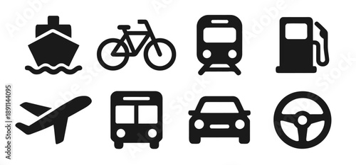 Transportation icons showing various modes of travel including ship, bicycle, train, gas pump, airplane, bus, car, and steering wheel, representing different ways to get around.