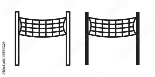 Two icons of volleyball net with posts, sports equipment for game play, dividing line on court, simple outline and solid black graphics.