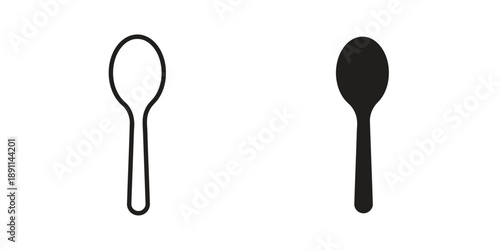 Two icons of spoon, eating utensil for soup or dessert, kitchenware for stirring or serving, simple outline and solid black representations.