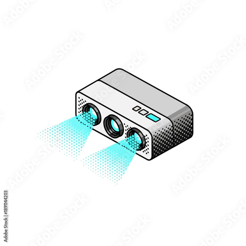 Vector illustration of a compact holographic projector, emitting light beams, symbolizing advanced display technology and innovative projection for modern digital graphics