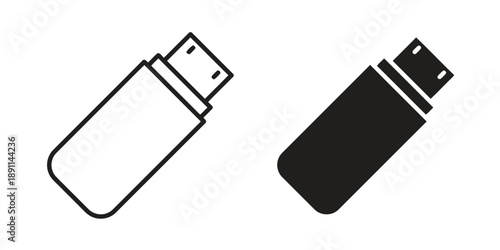 USB flash drive icon, outline and solid silhouette representing storage, data transfer, technology, and portability, on white.