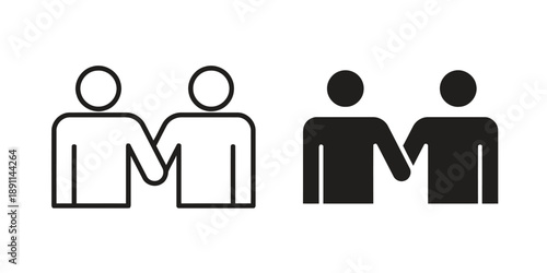 Two people shaking hands, outline and solid silhouette symbols of friendship, agreement, and partnership, isolated on white.