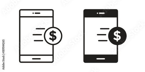 Two smartphone icons, one outlined and one filled black, showing a financial transaction with dollar sign, representing mobile banking and payments.
