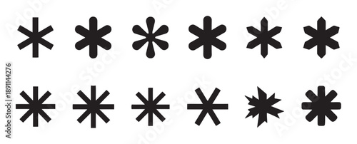 Variety of asterisk shapes and starbursts in black silhouette style representing emphasis decoration punctuation and abstract decorative elements