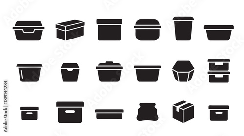 Variety of box and container icons in silhouette. Storage boxes, packaging, cartons, tubs, and lids for shipping, organization, and product presentation. Versatile graphic elements.