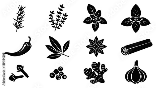Variety of twelve fresh herbs and spices in black silhouette, including chili pepper, rosemary, bay leaves, cinnamon, ginger, and garlic