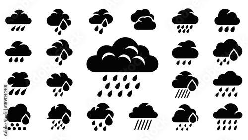 Weather icons depicting rain in various intensities and cloud formations, symbolizing different precipitation levels and atmospheric conditions for forecasting