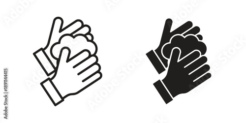 Washing hands rubbing soap lather bubbles clean hygiene protection against viruses and bacteria medical procedure personal care preventing illness sanitary icon symbol outline and filled silhouette