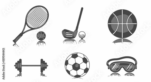 Sports equipment icons tennis racket golf club basketball dumbbell soccer ball
