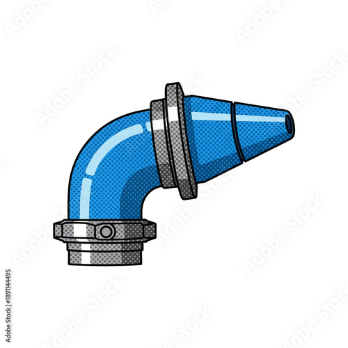 Vector illustration of a blue industrial pipe elbow fitting with metallic connections, designed for fluid transfer systems and technical applications on a white background