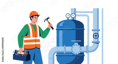 Illustration of a worker in safety gear holding a hammer and toolbox, standing beside industrial piping and a blue pressure tank. The scene conveys a tone of preparedness and maintenance.