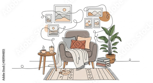 Cozy armchair with blankets and pillows in a room setting.