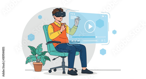 Person using a VR headset sits on a chair, interacting with a virtual video interface. A plant and geometric shapes are in the background.