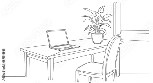 Desk with laptop and chair in an office setting.