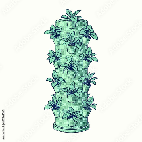 Vertical Hydroponic Garden Vector Illustration - Growing Plants in a Sustainable Tower System for Urban Farming and Green Spaces