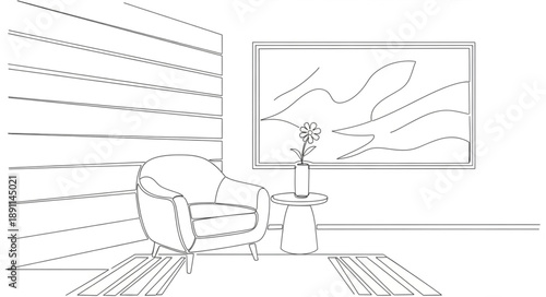 Interior scene sketch with armchair and window blinds.