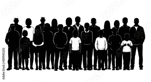 Diverse group of people standing together in silhouette.