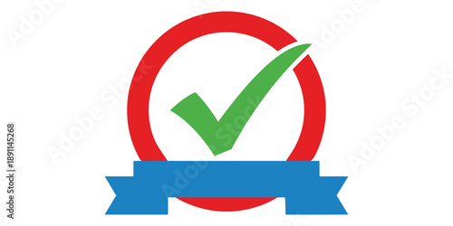 Green checkmark in red circle with blue ribbon isolated on white background
