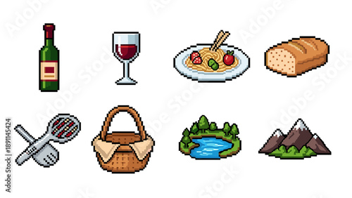 Pixel art picnic essentials: wine, food, and nature