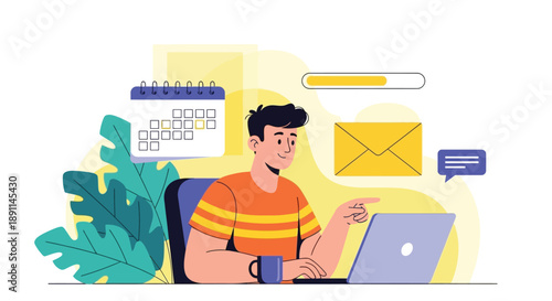 Illustration of a person in an orange-striped shirt using a laptop. Surrounding are a calendar, envelope icon, chat bubble, and tropical leaves, creating a busy yet cheerful work atmosphere.